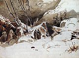 Monks Canvas Paintings - Alpine Pass in Winter with Monks